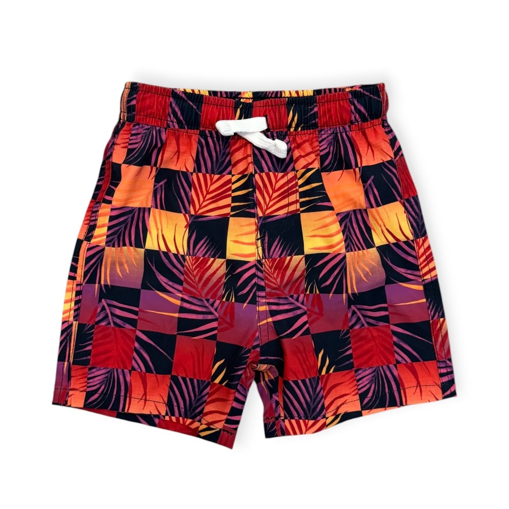 Banana Boat Baby Swim Trunks 18M Red Orange Tropical Checkered Palm Mesh Lined